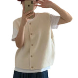 KANING Korean Round-Neck Solid Color Knitted Vest Women Stacked In Autumn And Winter New Single Buckle Loose Outer Sweater