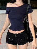 Sexy Hottie Shoulder Slim Short-Sleeved T-Shirt Girl Summer New Fashion Pure Want To Show Thin Umbilion Bottom Top Woman