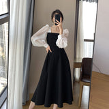 Long-Sleeved Black Fried Street Hao Benfeng Dress Woman's New Spring And Autumn Splicing Square Lead French Dress Retro A Skirt