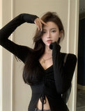 Pure Want To Show Thin Tops To Collect Waist Draw Rope Model Unique To Long-Sleeved T-Shirt Spring And Autumn New Women's Clothing Niche Design Model