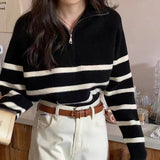 KANING Korean Version Of Half-Zip Soft-Creinous Striped Sweater 2026 Autumn New Retro Semi-High-Collar Knitted Shirt Woman