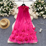 Gentle Wind Neck Bow Tie Hanging Neck Sleeveless Dress Female Three-Dimensional Butterfly Yarn Fairy Dress