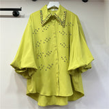 French Sweet Heavy Industry Diamond Bubble Bubble Sleeve White Shirt Women Spring And Summer Light Luxury High-End Blouse Design Sense Niche