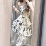 French Design-Sensitive Butterfly-Print Sling Dress Women's Summer Irregular Net Yarn Half-Dress Fashion Dress