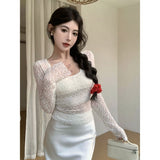 Hottie Style Sexy Lace Perspective Hollow Long-Sleeved T-Shirt Women's Autumn And Winter New Design Sense Of Short Dress