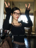Vintage Sweet And Spicy Sexy Leopard Splicing Fake Two Hanging Neck Long Sleeve Bottom Slim Slim Top T-Shirt