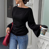 Sexy Ins Boat Tie With Horn Sleeve T-Shirt For Girls Spring And Autumn Waists Long Sleeves Bottom Women's Top
