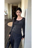 Sexy Pure Desire To Hit The Color Striped Button Long Sleeve Bottom T-Shirt Girl New Hot Girl Autumn And Winter Body Bottoming Top Woman T
