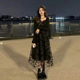 Gentle Wind Black Fried Street Dress Women 2025 Autumn And Winter New Long Sleeves To Close The Waist Thin Net Grankin Floral Skirt