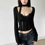 Sexy Babes Lace Spliced Long-Sleeved T-Shirt Women's Spring New Slimming Inside A Short Top