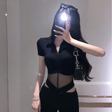 Tide Design Perspective Mesh Splicing Short-Sleeved T-Shirt Girl Summer Hottie Sexy Slimming Body-In-Comn Top
