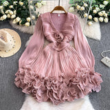 Net Red Niche High-Level Flow Light Tulle V-Neck Dress Female Heavy Industry Ponphysolious Three-Dimensional Lotus Leaf Side Skirt