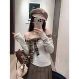 Sexy Hot Tidive Spliced Shoulder Long-Sleeved T-Shirt Girl Spring New Slimming Inside Top Tide
