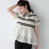 New Summer Cotton Striped Short-Sleeved Splicing Lotus Side Coat Fashion High-End Breathable Top