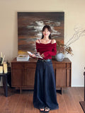 Pure Wind Red Fake Two-Piece Open Shoulder Splicing Long-Sleeved Knitted Shirt Women Autumn Wood Ear Design Feel Bottom Top