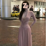 [Original Fabric] Korean Version Of Commuting Sweet V-Neck Lace Splicing Long Sleeves To Close The Waist Dress Women In Autumn 2025