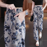 Ice Silk Print Creased Broad Leg Pants Women Summer Thin New Loose Waist Loose Nine-Point Leisure Straight Long Trousers