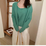 3.8/Spring New XUAN XIAO JIE Yellow Lace Splicing Vest Knitted Two-Piece Set