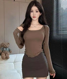 Human Cotton Autumn Sexy Pure Lust U Collar Long-Sleeved T-Shirt Irregular Short Top Girl Slime Bottom Shirt