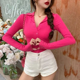 French Sexy Hottie Polo Collar Long-Sleeved T-Shirt Girl Spring New Slimming Inside Folding Short Top