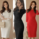 2026 Autumn Dress New Temperament Lace Splicing Dress Dress Dress Seven-Sleeve Body-Body-Suited Dress Dress Woman