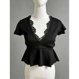 Fashion Sexy Hottie Temperament V-Neck Short-Sleeved T-Shirt Girl Spring And Autumn New Slimming Inner Lace Splicing Top