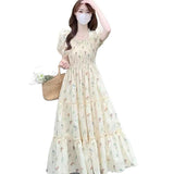 New Temperament Fresh And Gentle Wind Collar Folded Flower Dress Women Summer Waist Thin A Word Long Dress