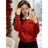 KANING New Year Red Butterfly Knit 2026 Spring New Lace Round-Neck Long Sleeve Sweater