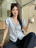 Designing A Blue Wood Ear Striped Soaked Women Summer Niche Age-Down V-Neck Collar Thringing Thin Short Sleeve Top