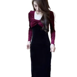 French Fashion Velvet V-Neck Dress Women 2025 Autumn And Winter New Bumpy Long-Sleeved Temperament Ass Long Dress