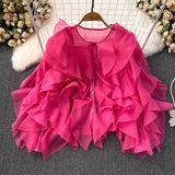 Round Collar Irregular Lotus Leaf Side Long Sleeve Loose Single-D Row Buckle Shirt Women's Spring And Autumn Design Sense French Casual Top