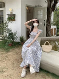 Small Fresh Blue Slings Crum Shatters Floral Dress Women's New Summer French Fresh Skinny Flying Sleeve Long Dress