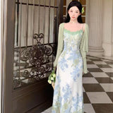 Pure Lust Lace Stitching Print Sling Dress Women's Summer French Temperament Holiday Dress Opener Two Sets