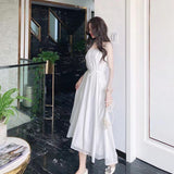 Pure Lusty Pure Color Slings Folding Dress Light Luxury High-End Women Summer Super Fairy Temperament Waist A Word Long Dress
