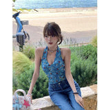 Vintage Hottie Sexy Broken Flower Hanging Neck Vest Women's Summer New Slim Slim Short Blouse