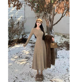 Female Yang Gas V-Neck Waist-Coat Knitted Skirt Solid Color Dress In The Long Dress French Temperament Knitted Spring And Autumn