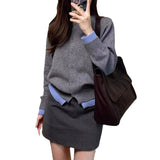 KANING Korean Version Of Gray Soft Glutinous Fake Two Knitted Shirt Women 2026 Autumn New Temperament Casual Sweater Jacket