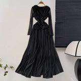 Design Pressure Folded Waist Thin Temperament Light Style Women's Spring New French Dress Long Folded Dress