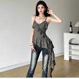 French Pure-Fanty Lotus Leaf Lace To Make Old Sling Vest Female Summer Korean Version Of Sexy Slimming Short Top