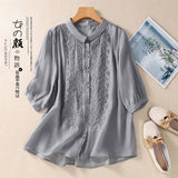 Real Shooting 2026 Summer New Seven-Sleeved Embroidered Cotton Loose Shirt Women's Literary And Art Retro Design Cotton T-Shirt