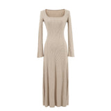 Autumn And Winter Pure Lust Wind Knitted Collar Horn Sleeve Dress To Collect The Waist Of A Small Long Bottom Sweater Dress Is Thin