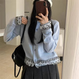 KANING Korean Sweet Lace Spliced Knitted Shirt 2026 Autumn And Winter New Temperament Short Sweater Top