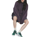 KANING Purple Round Collar Collar Sweater Women 2026 Autumn And Winter New Retro Lazy Wind Loose Solid Knitwear
