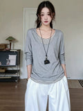 Snowflake Cotton Korean White Striped Fake Two Casual Long-Sleeved T-Shirts Folded V-Necked Women