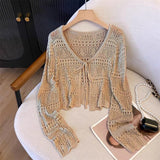 KANING Hollow With Sunscreen Knitted Cardigan 2026 Summer New Thin Temperament V-Neck Air Conditioning Hood