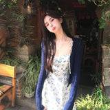 Pecoeul* Smart Temperament French Sweet Broken Flower Sling Dress Women's Waist Tea Break Skirt