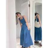 Blue Mist Love French Denim Dress Women's Summer Small Design Feel Waist Temperament Slings Long Skirt