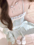 2025 Spring And Summer New Girl Wind Sweet Green Sleeveless Sleeveless Skirt Students To Collect Waist Thin Irregular Long Skirt