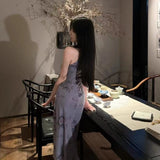 Lilac New Chinese Printing Hollow Improved Cheongsam Dress Girl Retro Gentle Style Design Sense Niche Open Skirt