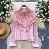 French Light Luxury Famous Heavy Industry Nails Beads To Spliced Long-Sleeved Lace Top Lady Autumn Body Bottom Shirt